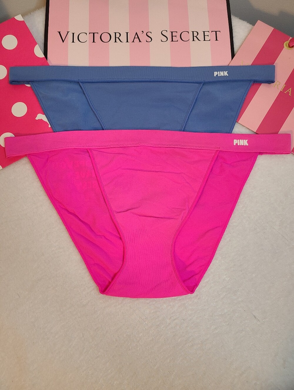 Retired VS PINK 2pk Seamless Stretch Nylon Yoga String Bikini Panties Size Lg